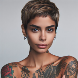 A beautiful Puerto Rican woman, with short hair and tattoos, looking at the camera. This image is taken with a canon high resolution for the camera.