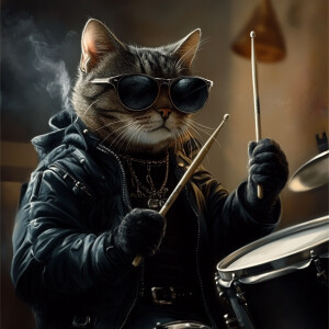 A cat wearing sunglasses and a black jacket is playing a drum ki...