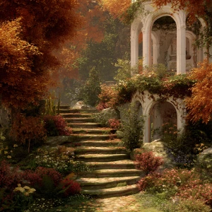 Autumn Garden Stairway with Tower
	•	Setting: A fantastical autu...