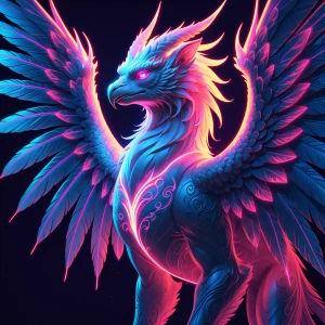 A majestic, neon-lit griffin of intricate design, its wings craf...
