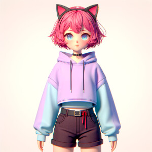 Teen girl with super short pink hair wearing crop top hoodie and super short shorts with cat ears