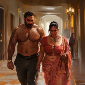 realism style.A sweaty beefy man walking with his 54 year old ka...