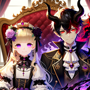 A girl named lilith with elegant gothic lolita dress sit beside Handsome Lucifer with Black Horn, Msyterious Aura of Black Red Purple, Lilith and Lucifer evil smirk, glowing eyes, sitting on thrones, 3D, Humanlike