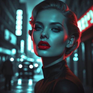Create a detailed image of a woman with bold, red lipstick, emph...