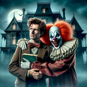 Stephen king and pennywise hugging in front of a haunted house