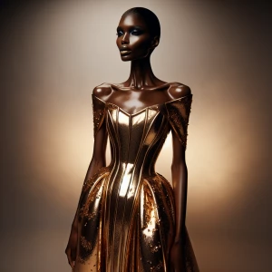 full body photography, anok yai wearing avant garde gold gown