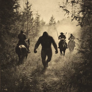 Humanoid looking sasquatch running from American Indians on hors...