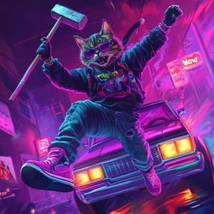 A crazy, hyperactive gangster cat inspired by Bonk meme, holding...