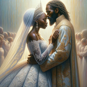 Imagine a hyper-realistic oil painting that captures a tender moment between theAfrican American bride and her God. The setting is intimate and filled with soft, warm lighting that enhances the emotional depth of the scene. The bride, in herexquisite wedding gown, shares a heartfelt embrace with her african-American Lord Jesus , who is dressedin an elegant outfit that complements the wedding's color scheme. Their expressions are full of love, pride, and joy, reflecting the special bond between them. Theattention to detail is paramount, from the intricate designs of their dresses to the subtle emotions conveyed in their facial expressions. The background is a blur ofgentle pastel hues, ensuring that the focus remains on this touching moment. Thispainting should convey the warmth, love, and depth of the relationship, with the rich textures and vibrant strokes characteristic of oil paintings, capturing the essence of this significant pre-wedding moment.