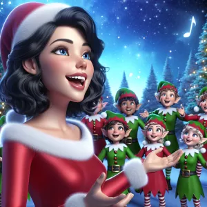 A pale-skinned woman with black hair and blue eyes joyously sing...