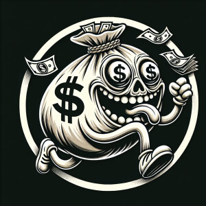 Design a circular logo featuring a cartoon character of a money...