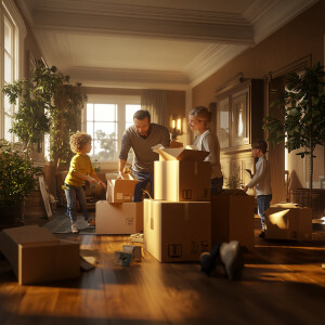 Create a realistic 4d image of a family unpacking from moving in...