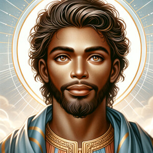 Create a beautiful African-American Jesus Christ with Hazel, brown eyes and blue and gold robe