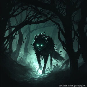 "Dark forest, skeletal trees, glowing wolf."