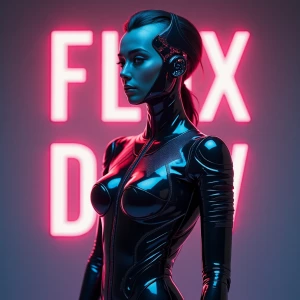 A futuristic and visually striking ["Flux Dev" text ] ,on top of A futuristic figure with a seamless blend of human and AI aesthetics, wearing an elegant, high-tech catsuit that dynamically shifts color