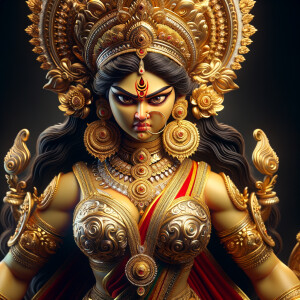 Waist up portrait of angry goddess durga with athletic body, big breasts, wearing gold jewelry all over body, huge gold crown, red saree, gold armor, ultra detailed face, UHD, 8K, photography