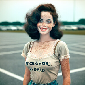 Faded color photograph of stunning 25-year-old freckled brunette...