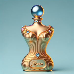 Create a 3-D realistic gold and blue, colorful jewels perfume b...