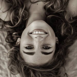 Girl on her back, looking up at us smiling