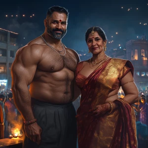 realism art style,a muscular beefy sweaty man celebrating diwali...