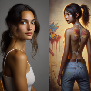 Athletic Thin skinny Attractive, Asian teenage girl, long brown hair and bangs, wearing tight skinny jeans and a halter top paint marks on her clothing, heroic pose Asian graffiti background, backside view