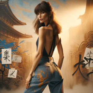 Athletic Thin skinny Attractive, Asian teenage girl, long brown hair and bangs, wearing tight skinny jeans and a halter top paint marks on her clothing, heroic pose Asian graffiti background, backside view