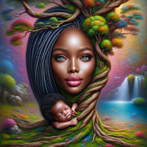 Create a close-up, hyper-realistic 3-D oil painting of a tree wi...