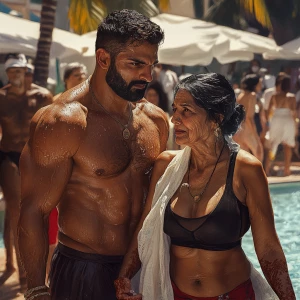 PhotoRealism,realism,a muscular beefy sweaty man  walking with h...