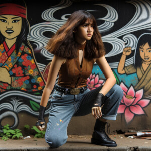 teenage girl, long brown hair and bangs, wearing tight skinny jeans and a halter top paint marks on her clothing, heroic pose Asian graffiti background, nearing on one knee