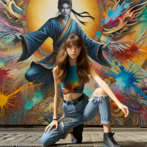 teenage girl, long brown hair and bangs, wearing tight skinny jeans and a halter top paint marks on her clothing, heroic pose Asian graffiti background, nearing on one knee