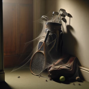 In a residential home in the corner show, a bag of golf clubs an...
