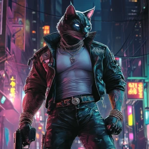 A humanoid cat character, with a rugged appearance, positioned i...