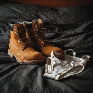 Make a pair of tan men’s work boots and on top of them a white j...