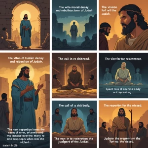 Create a series of illustrations depicting the key themes and ev...