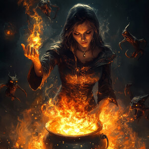 A powerful witch, her hands and eyes ablaze with fire and light,...