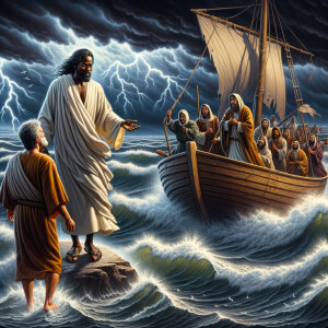 African-American Jesus telling Peter to come walk on the water,...