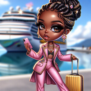 A chibi-style African American woman going on vacation, dressed...