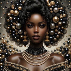 Imagine a digital portrait of a light skinned African-American Latino regal woman named KAREN Her attire and accessories are exclusively adorned with black and gold pearls. They grace her voluminous hair, styled in an elegant updo, where the black pearls form the roots and the gold pearls create the stunning curls. Her ears boast chandelier earrings, with black pearls clustered at the top, transitioning to gold pearls that dangle with delicate grace. Around her neck, a tiered necklace cascades with strands of alternating black and gold pearls, reflecting a sophisticated contrast.

Her shoulders are draped with a luxurious off-shoulder gown, the fabric's weave incorporating intricate patterns formed by black and gold pearls. The gown's texture has a subtle sheen, suggesting a high-quality material with a pearlescent finish. As a centerpiece, a grand brooch sits at her collar, with a large gold pearl surrounded by an elaborate design of smaller black pearls.

The background of the portrait features an abstract composition of floating pearls, swirling in a dance of shadows and light, emphasizing the color theme of black and gold. The name "KAREN" is discreetly integrated into the lower right corner of the artwork, blending seamlessly with the design, as if it were a signature part of the jewelry ensemble. The overall effect is one of timeless elegance, a blend of modern design and classic beauty, all tied together by the luxurious palette of black and gold.