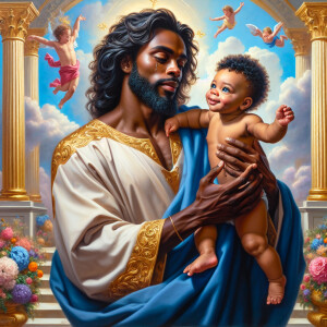 Classical oil painting style depicting an African-American Jesus...