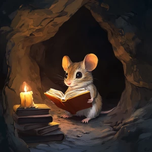 A small mouse, light brown and gray in color, is depicted in a stylized illustration. The mouse is seated in a dark cave-like opening, positioned slightly to the left of center within the frame.  It is holding an open, reddish-orange book, with the mouse's attention directed towards the book.  The mouse's expression is contemplative and focused, with large, dark eyes.  The mouse's body is proportionate and rounded, with visible paws and subtle fur details.  A small, lit candle is visible to the mouse's left, along with stacks of books. The background is dark and shadowed, contrasting with the light from the candle and the mouse's position.  The style is illustrative and painterly, reminiscent of a detailed colored pencil or pastel drawing.  The lighting is soft, highlighting the mouse and the book, creating a warm atmosphere.  The composition is well-balanced, focusing the viewer's attention on the mouse engrossed in reading. The perspective is slightly above the mouse, drawing attention to the scene as if peering into a small cave.  The overall style is quiet and engaging.