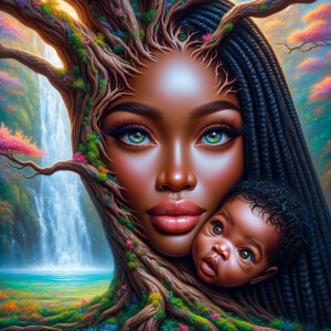 Create a close-up, hyper-realistic 3-D oil painting of a tree wi...