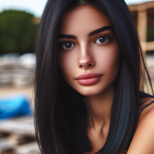 A very attractive young woman with straight dark blue hair and d...