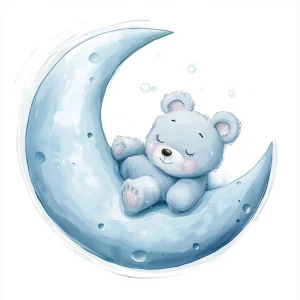 A cute, cartoon teddybear lies on a stylized, soft blue grey crescent moon. The moon shows the crater holes and relief in the surface. The teddy bear is light gray with large, round, pink-spotted ears.  Its body is round and he has expressive eyes.  its facial expression is happy and friendly. The teddy bears posture is relaxed, lying down in the curve of the moon stomach down. his left leg and arm are hanging down. The moon is a soft, shaded blue, with watercolor-like texture and subtle shading. The background is white. The image is in a child-friendly style, showcasing delicate line work and color palettes. The composition is centered on the teddy bear which is positioned lying slumped face down on  the moon, giving the moon a hug with closed eyes. The overall style is sweet, whimsical, and reminiscent of children's book illustrations.  The colors are pastel and soothing, creating a gentle atmosphere.