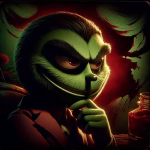 A close-up photo of The Grinch's face, rendered in a surrealisti...