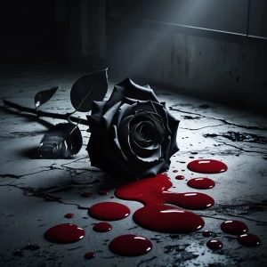 Create a vivid image of a dark rose scattered on a rough cement...