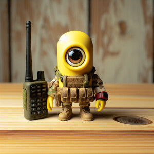 Minion sitting on table. Wearing military gear.