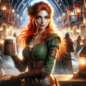 Elf female long orange hairs, green eyes, green clothes, beer wo...
