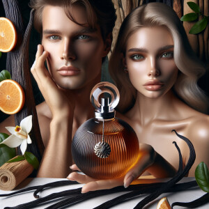 Young woman and man holding up-close of their face a bottle of p...
