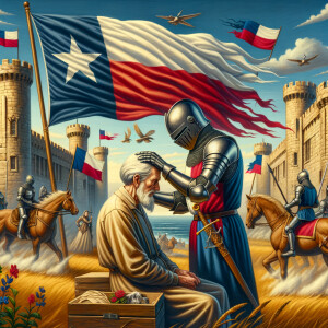 Texas flags waving. Knight holding a frail man’s gray haired head in his hand.