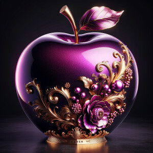 Envision a lustrous, oversized apple with a surface that gleams in a radiant shade of purple, as if lacquered to a high shine, reflecting light from its smooth, curvaceous form. The apple is adorned with elegant gold leaf patterns that swirl luxuriously around its contour, bringing a baroque opulence to its appearance. The stem, a bronzed sculpture in itself, supports a single leaf that seems to glow with an inner luminescence. At the apple’s base, a collection of flowers blooms, their petals softening the scene with organic shapes and colors that harmonize with the vibrant purple and gold. Incorporated into the metallic filigree in an artful script is the name "Karen," as if the apple were personally inscribed, enhancing the custom and bespoke quality of the piece.